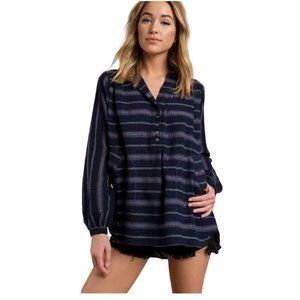 Free People Rolling Clouds Hooded Blouse Navy Blue Striped womens size M